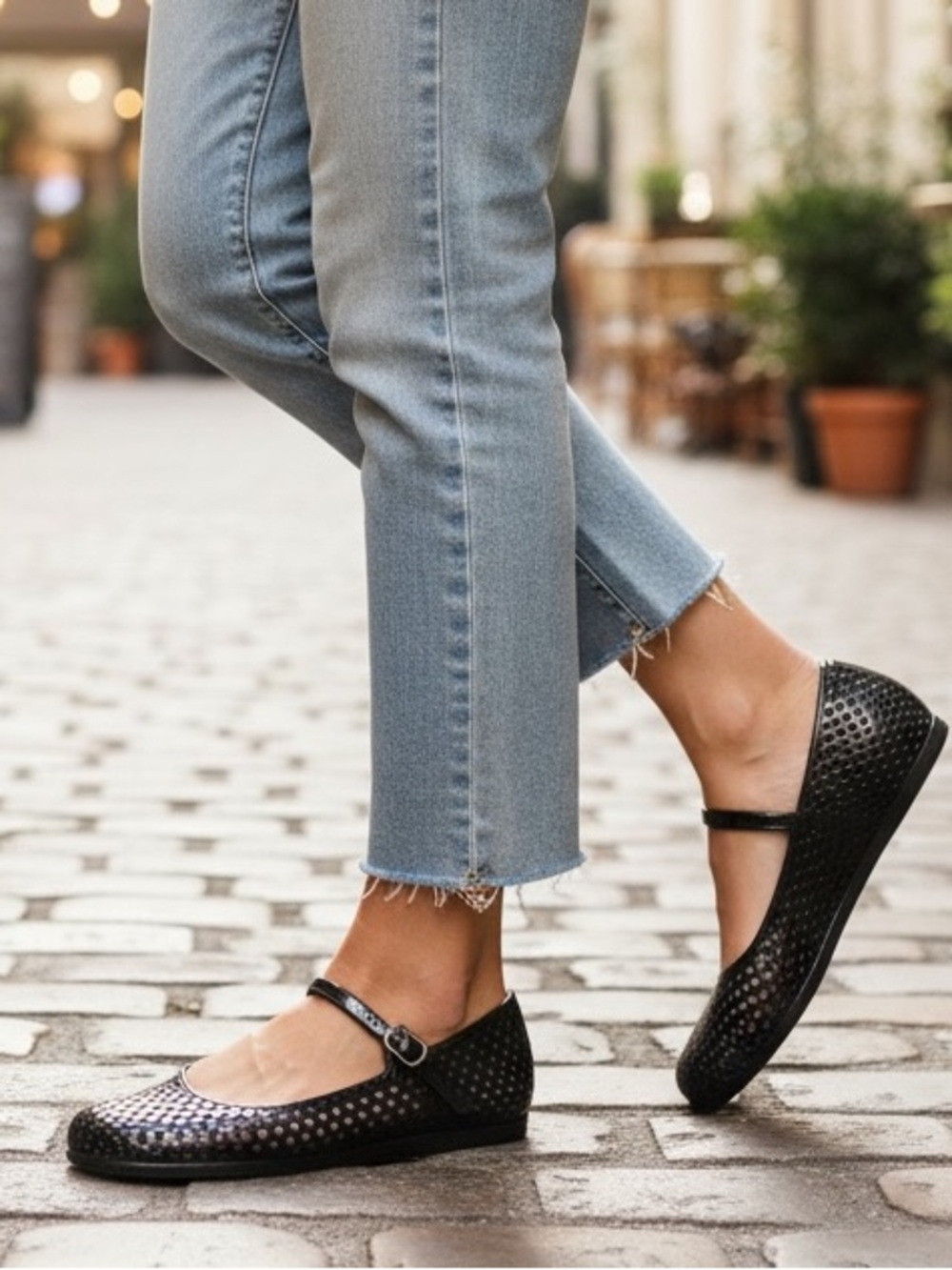 Jeffery Campbell Square toe black patent leather perforated Mary Jane flats